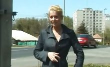 Sexy blonde urinating on road