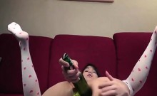 Horny Asian Girl Puts Beer Bottle In Asshole